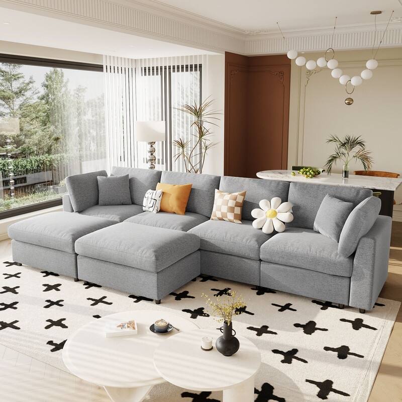 U-Shaped 6-Piece Sectional Sofa with Movable Ottomans Modular Design Soft Chenille Fabric for Versatile Seating