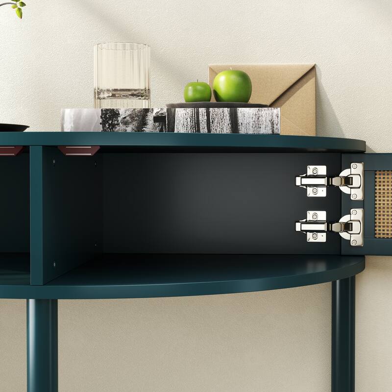 Half Moon End Table with Sliding Rattan Door, Boho Semi-circle Entryway Console Table with 2 Storage Cabinet and Bottom Shelf
