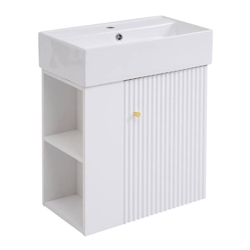 21.6 inch MDF Wall-Mounted Bathroom Vanity Set with Integrated Ceramic Sink with Open shelf and oft-Close