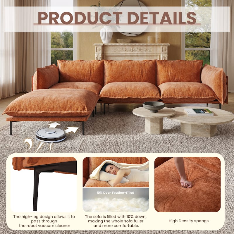 Modern Minimalist Upholstered Couches, 147" 4-Seater Cloud Modular Sectional Sofa with 2 Ottoman,U Shaped Couch for Living Room