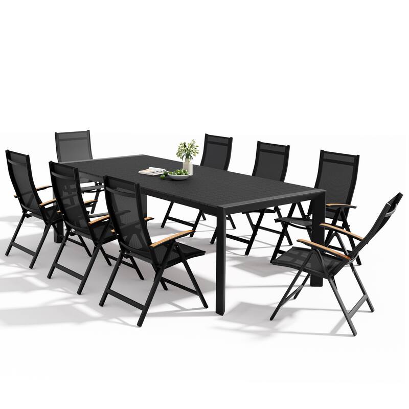 Set of 9 Outdoor Patio Dining Set WoodLike Table Top Aluminum Umbrella Hole Table with Folding Chairs