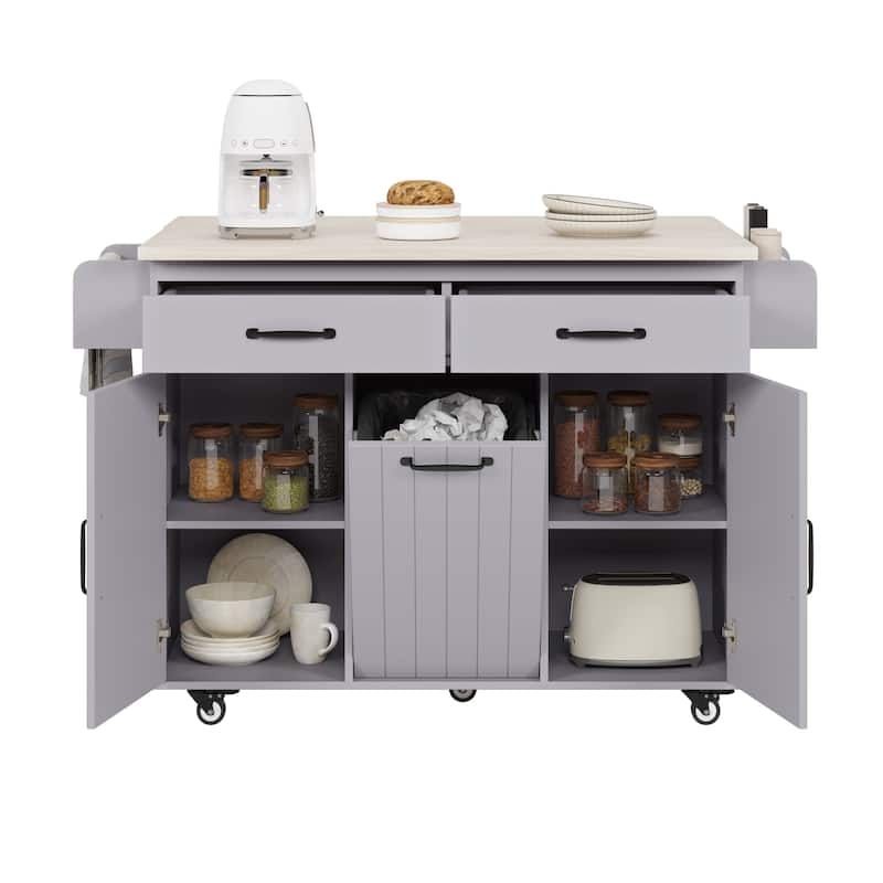 Rolling Kitchen Island with Trash Can Storage Cabinet, Kitchen Cart with Drop Leaf, Spice Rack, Towel Rack and Drawer