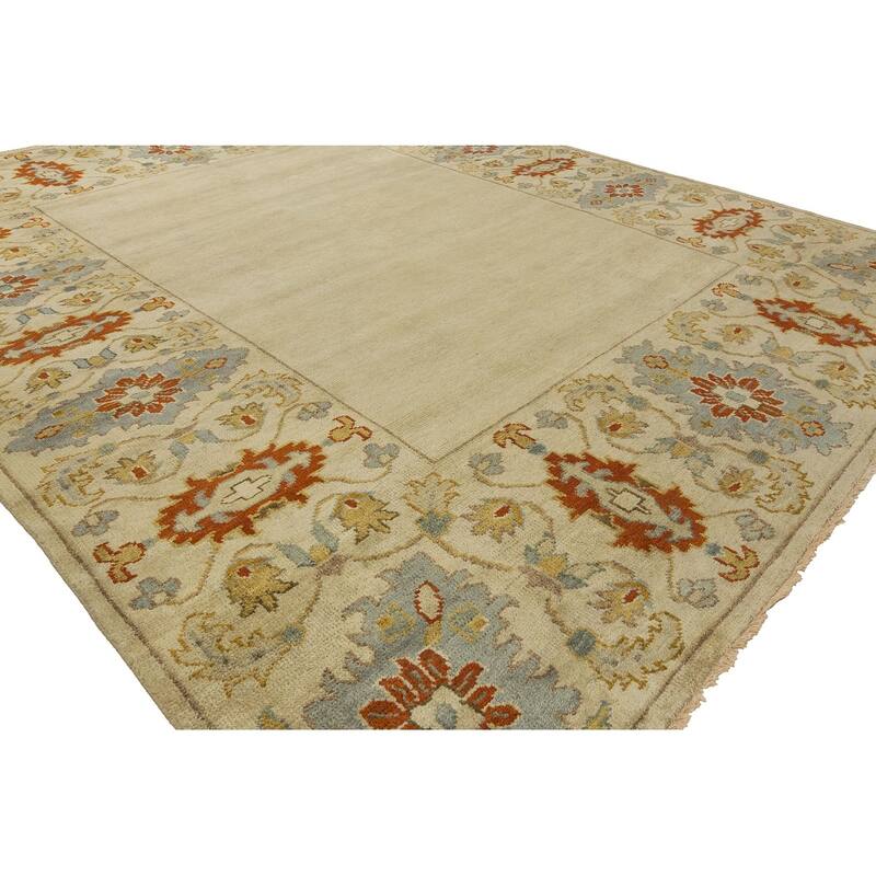 Transitional Beige Hand-Knotted Wool Area Rug