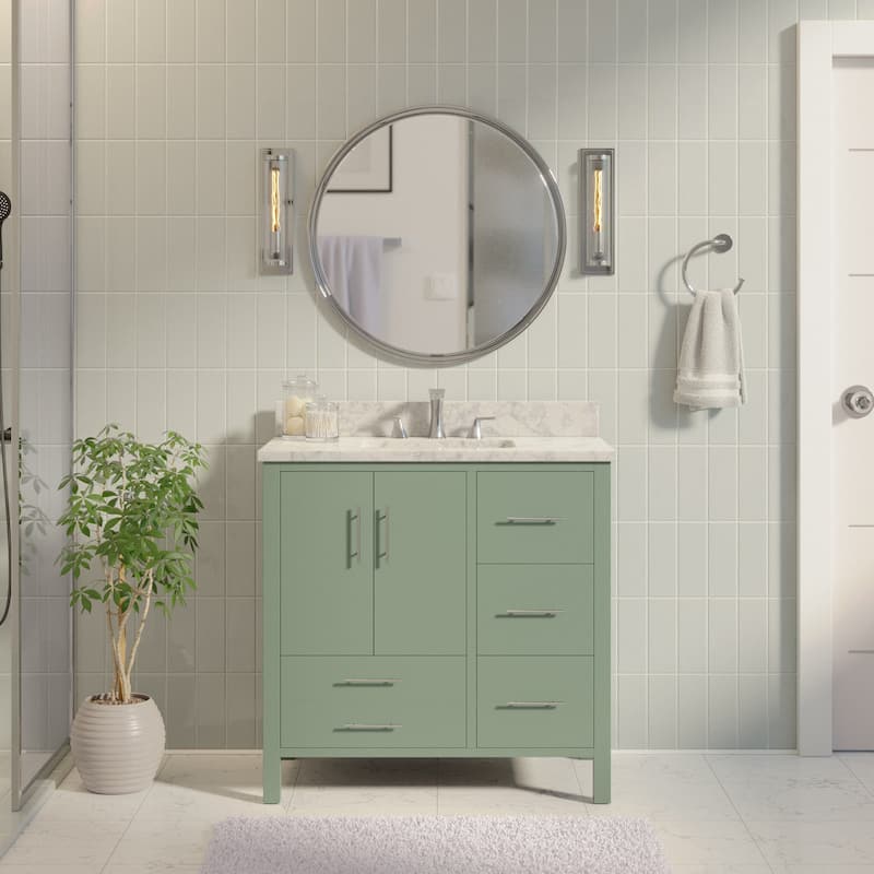 KitchenBathCollection California 36" Bathroom Vanity with Carrara Marble Top - Sage Green