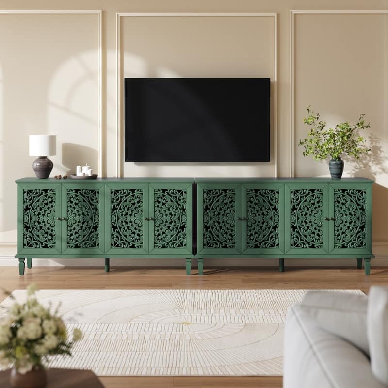60" Antique Buffet Sideboard with Floral Carvings Solid Wood Legs and Adjustable Shelves for Versatile Storage