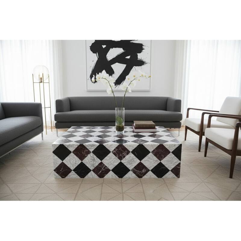 BETACH Genuine Marble Block Coffee Table - Nero Black / Carrara / Rosso Levanto Marble