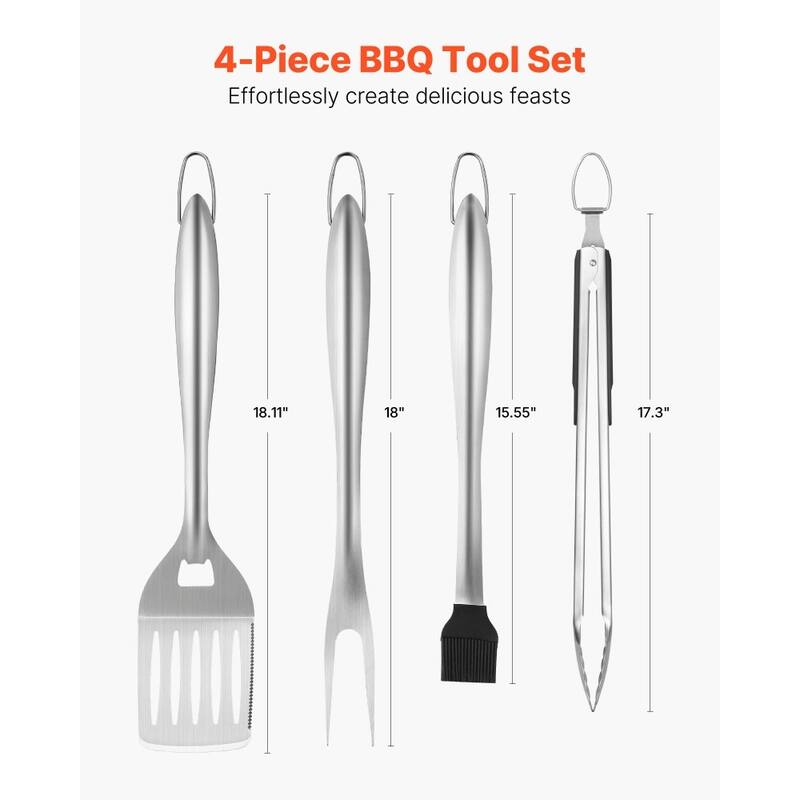 4-Piece Stainless Steel BBQ Grill Tool Set with Spatula Fork, Tongs and Brush for Outdoor - 18.7 x 4.33 x 2.95 in