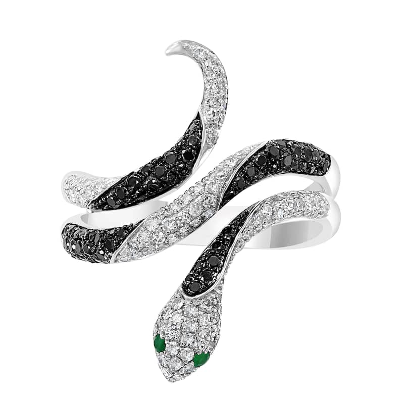 Effy Women's 14K White Gold Diamond,Black Diamond,Natural Emerald Snake Ring