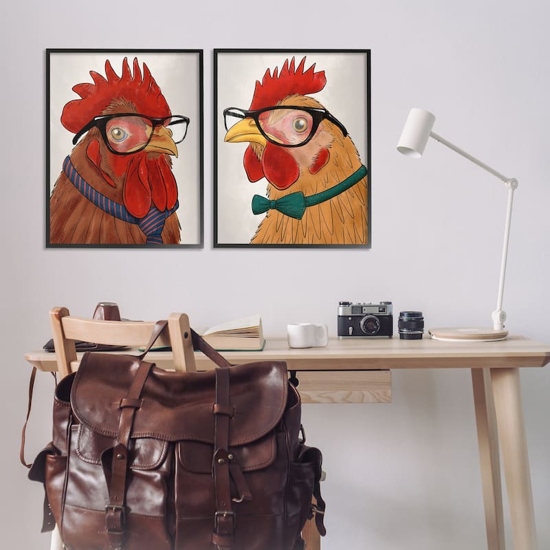 Stupell Quirky Hipster Roosters Framed Giclee Art Design By Marcus Prime (Set of 2)