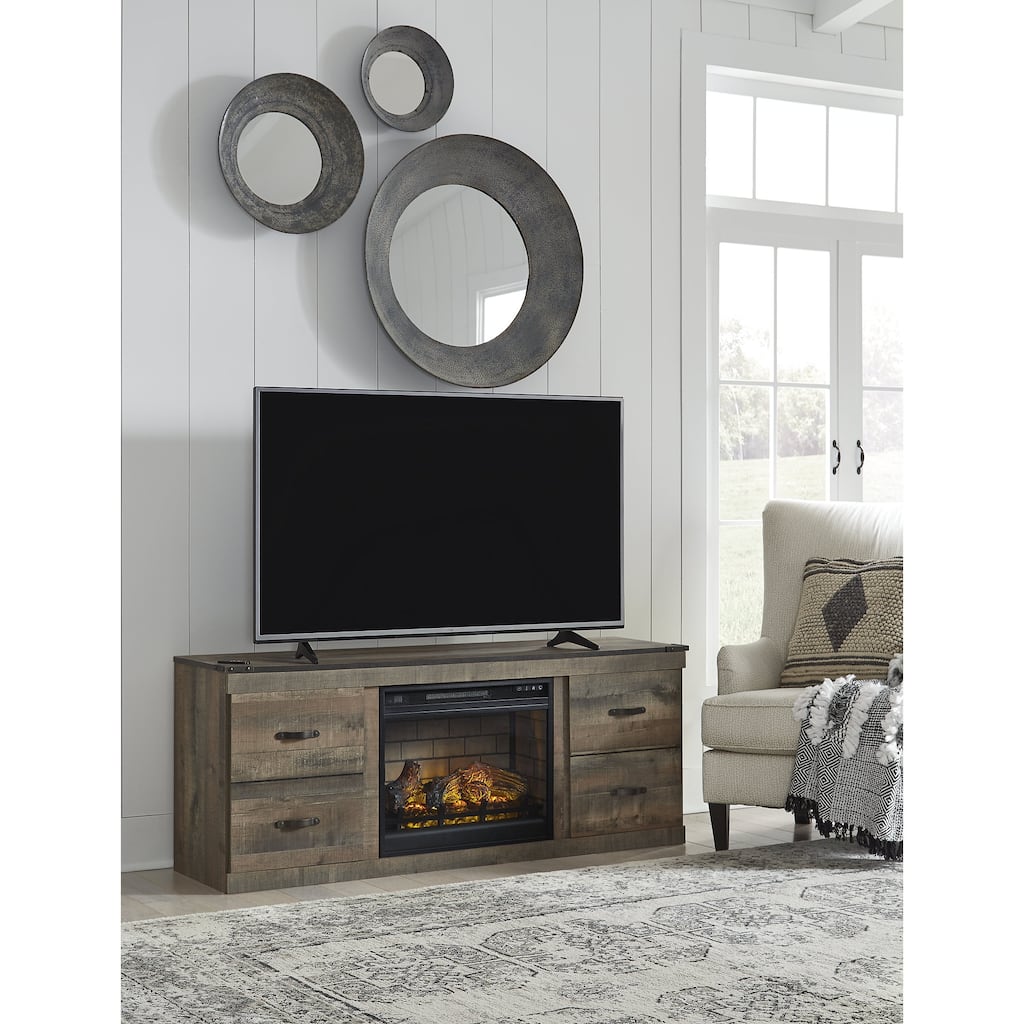 Signature Design by Ashley Trinell Brown 60" TV Stand for TVs up to 69" with Electric Fireplace - 60"W x 15"D x 24.5"H
