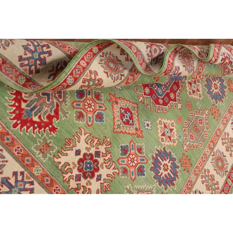 Traditional Green Kazak Oriental Area Rug Hand-Knotted Wool Carpet - 4'11" x 6'9"