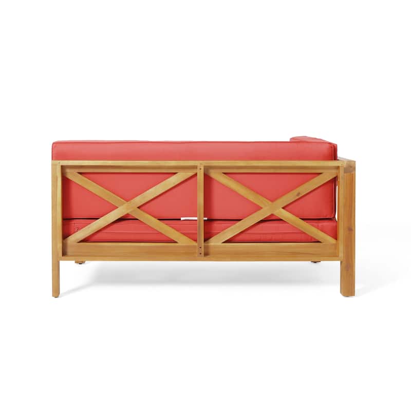 Roomfitters Outdoor 4-Piece Acacia Wood X-Back Sofa Set with Coffee Table, Red Cushions