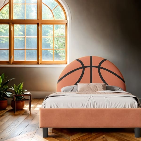 slide 2 of 10, Basketball Upholstered Twin Bed, Sport Style, Orange, No Box Spring Orange