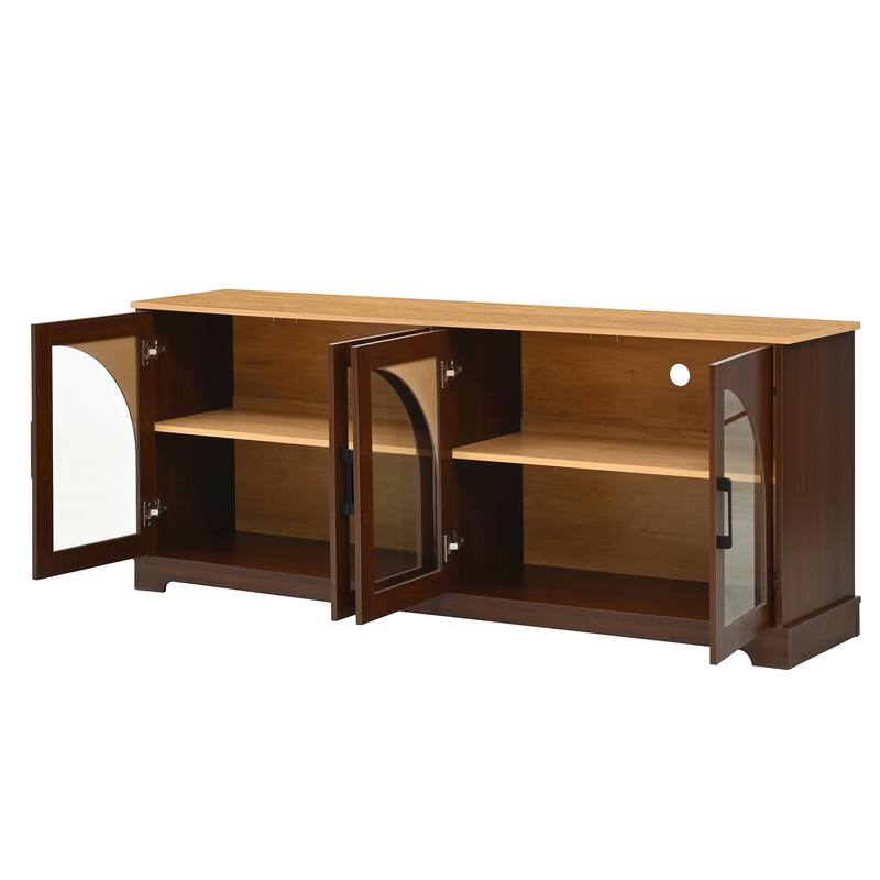 Farmhouse TV Stand with Semi-Arched Glass Doors for TVs Up to 70",Adjustable Shelves,Wood Grain Sideboard with Cable Management