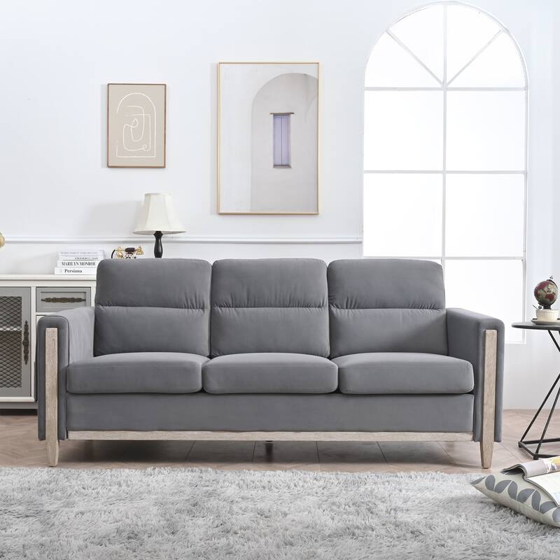 Three-Seater Sofa with Wood Legs, High-Resilience Sponge Cushions, 79.5" - Grey