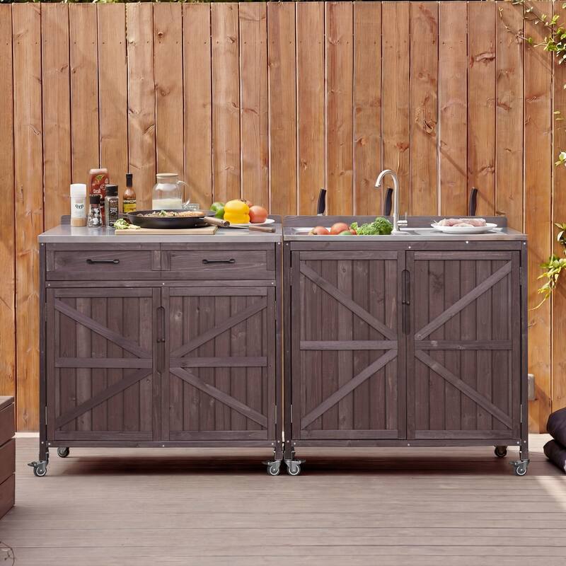 Outdoor Kitchen Island Series, 2 Piece Modular Solid Wood Set, 304 Sink Station, Drawer, 2 Door Shelves, Outdoor Storage Cabinet - Dark Brown