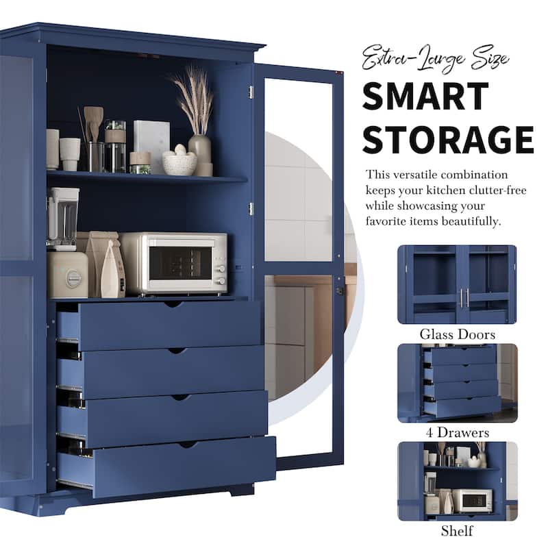 Freestanding Kitchen Storage Cabinet Pantry with Glass Doors and 4 Built-in Drawer