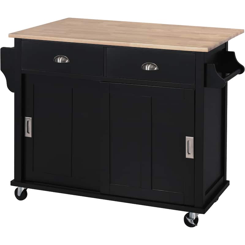 Kitchen Cart with Rubber wood Drop-Leaf Countertop