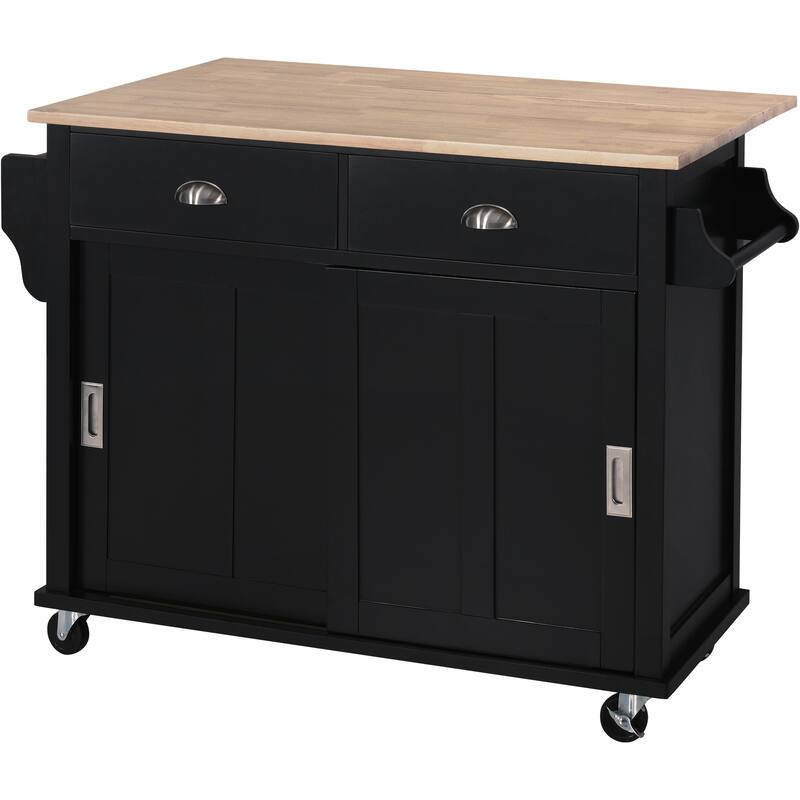 Wooden Kitchen Island with Rubber Drop-Leaf Countertop, Rolling Storage Cabinet wConcealed Sliding Barn Door & Adjustable Height