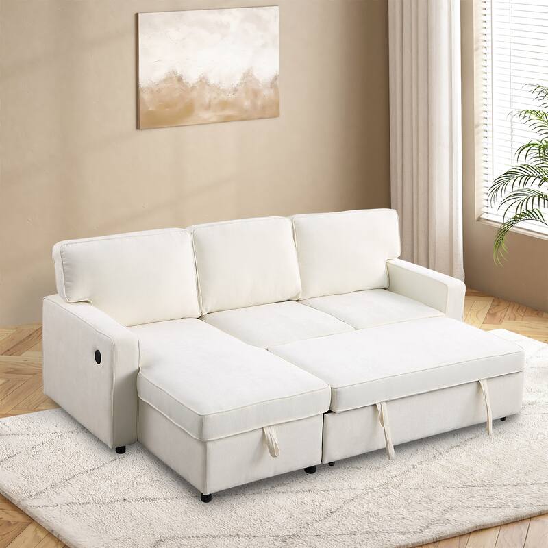 Upholstered Sleeper Sectional Sofa with Storage, USB Ports and Cup Holders, Multi-Functional Modern Sectional Sofa