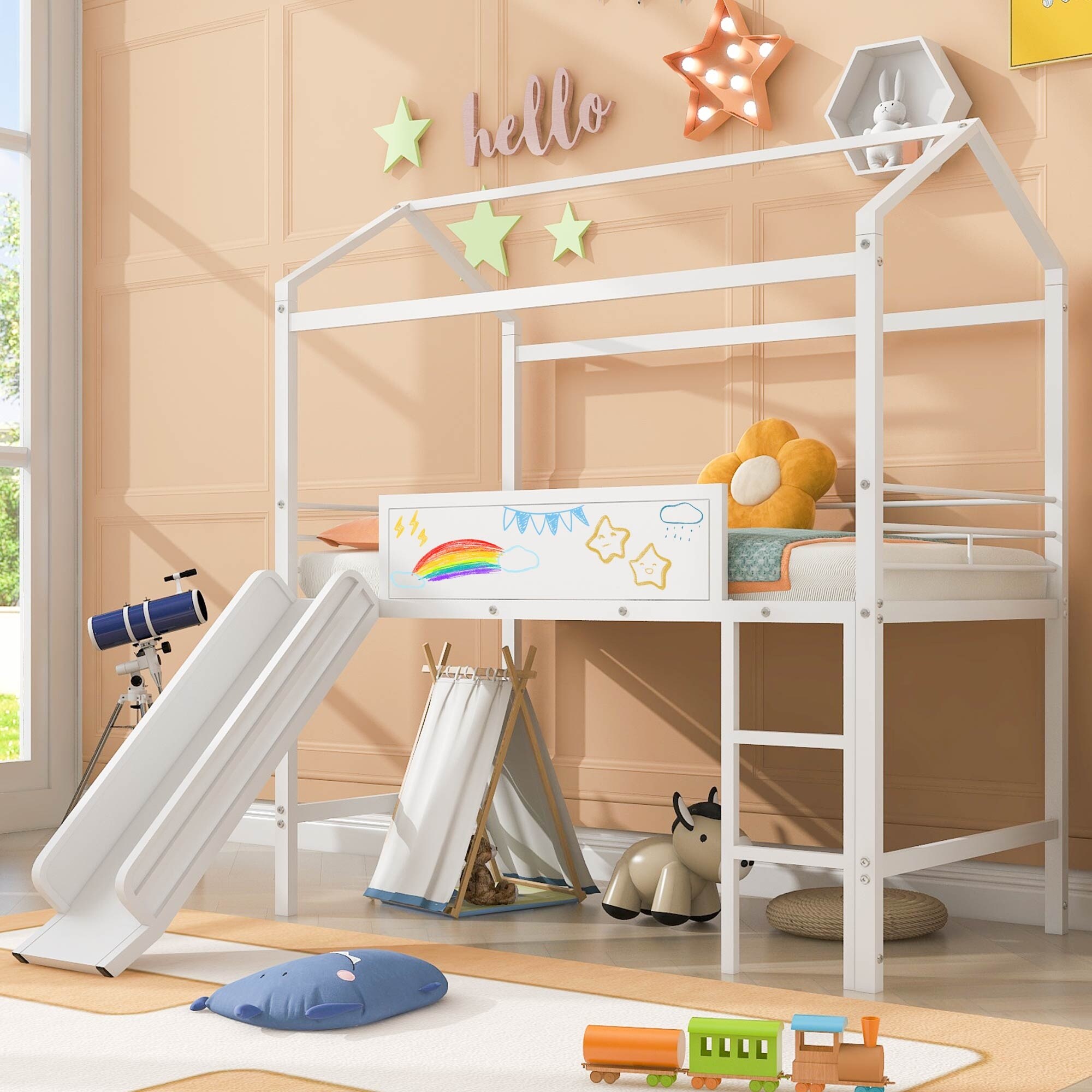 Twin Size Metal House Bed Loft Bed With Slide and Writing Board
