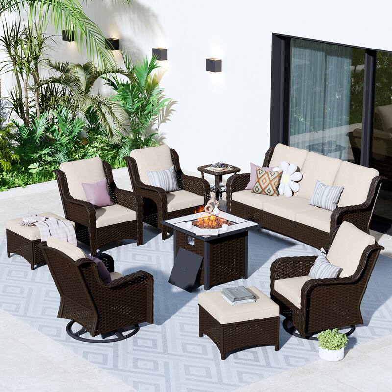 OVIOS 9-piece Patio Wicker Swivel Chair Set With 30" Fire Pit - Beige-Brown Wicker