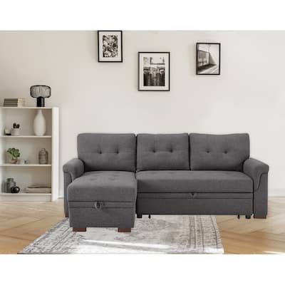 84" Dark Gray Linen Sleeper Sofa with Storage Chaise