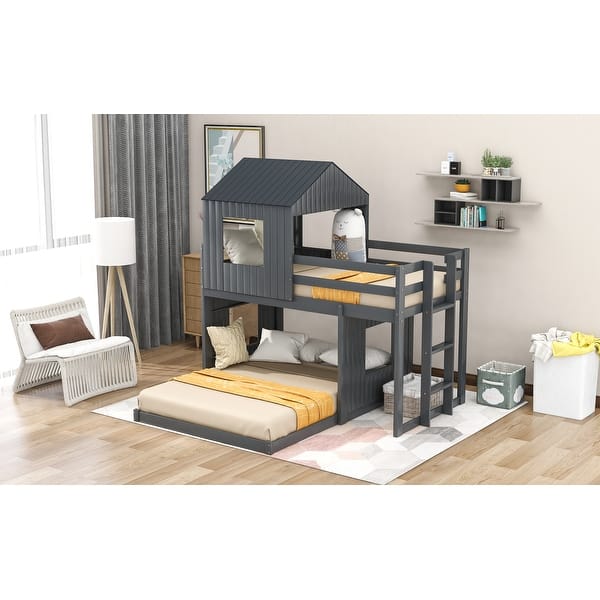 Wooden Twin Over Full Bunk Bed with Playhouse Design and Quality