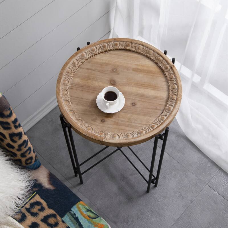 Round Side Table with Wood Top for Living Room