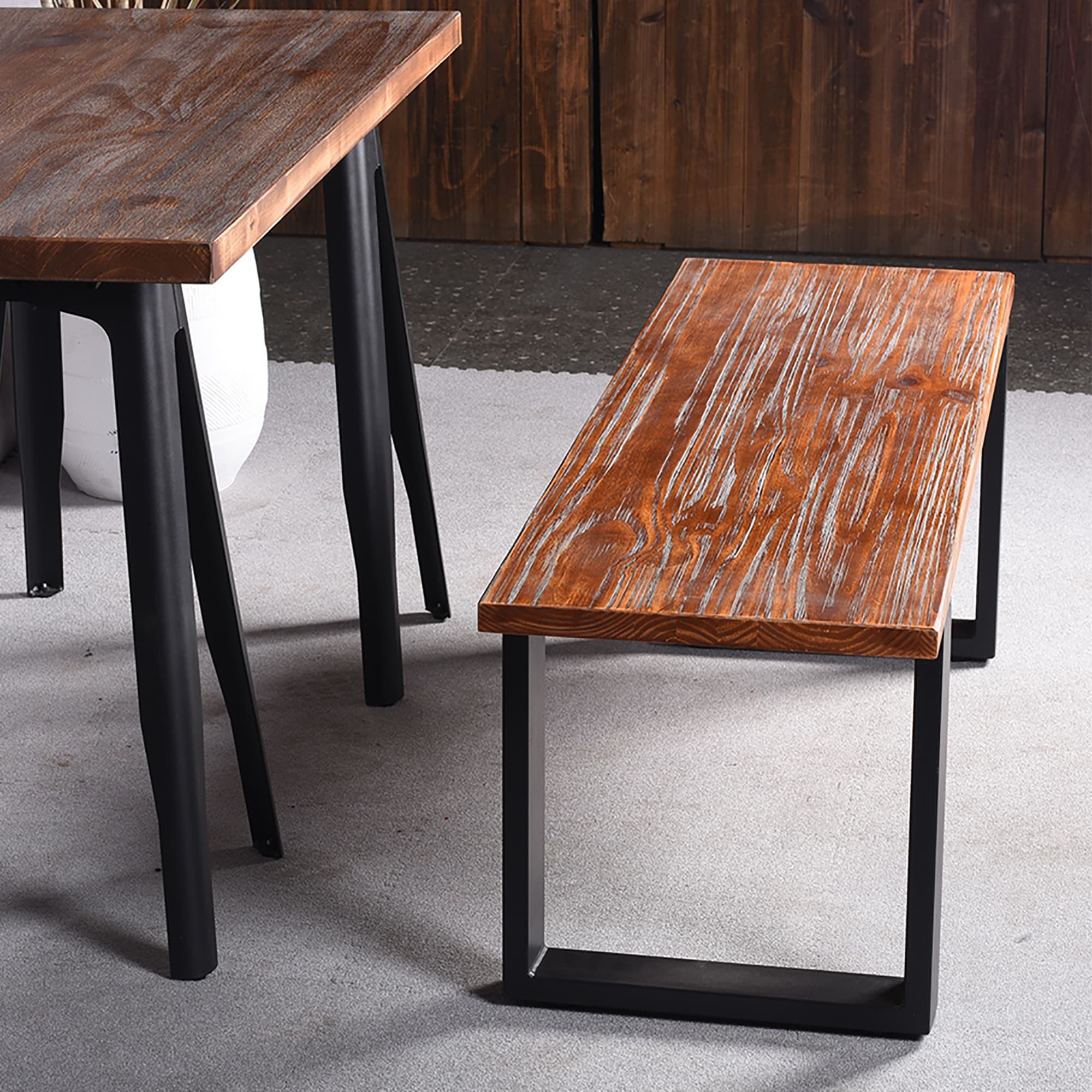 Gordil Matte Black Metal Frame and Wooden Bench Seating