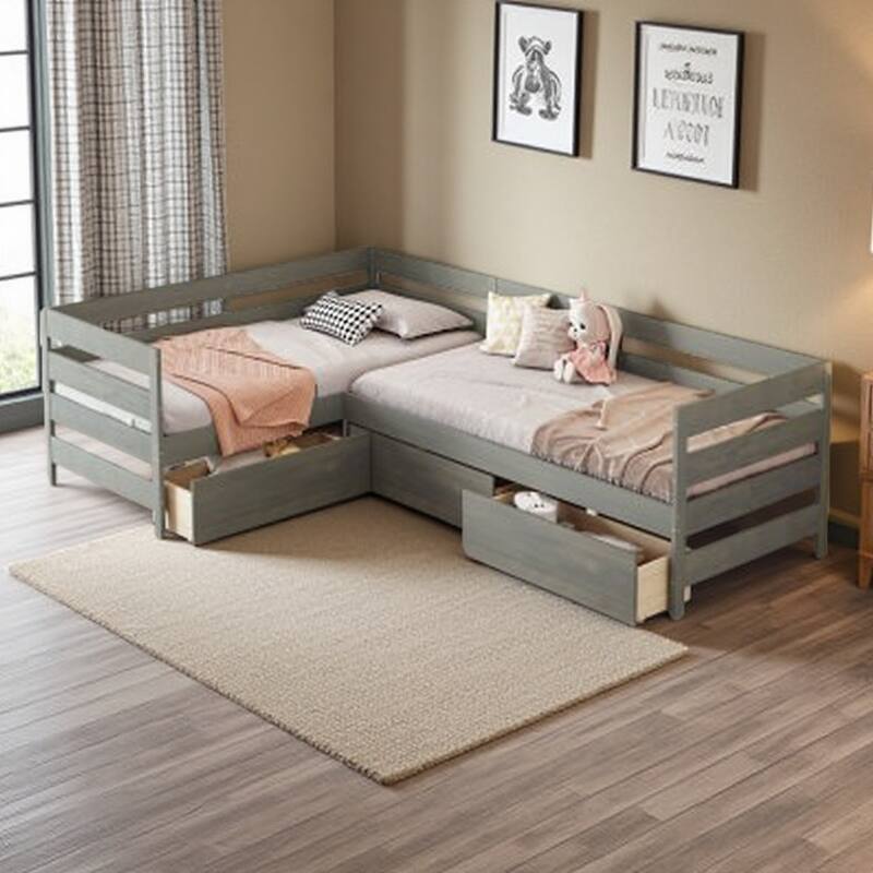 Solid Wood Twin L-Shaped Platform Bed with 3 Storage Drawers, Space-Saving Design - Gray
