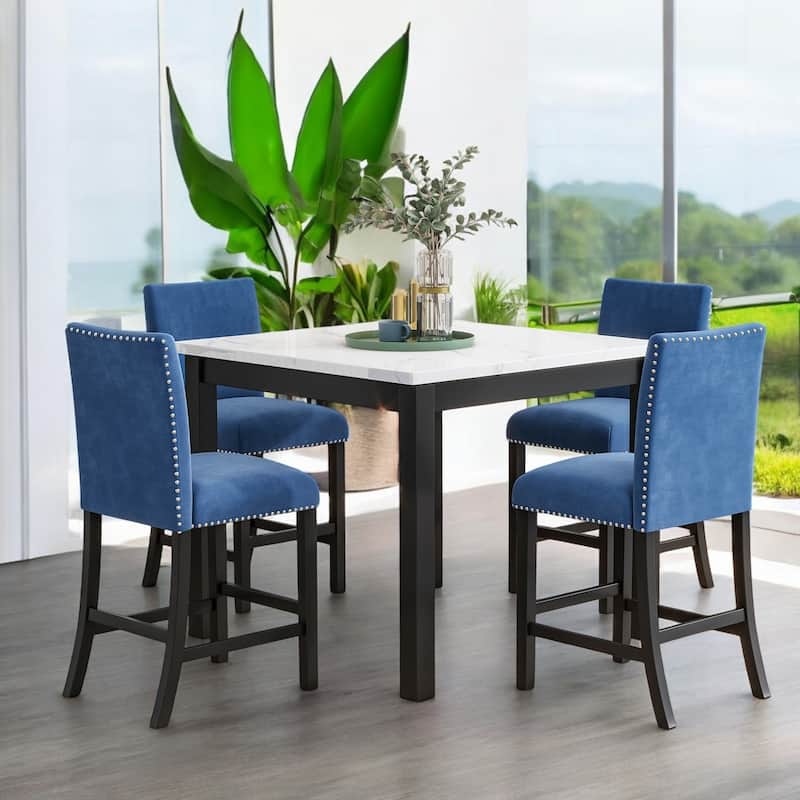 5-Piece Counter Height Dining Table Set with Faux Marble Top, Velvet Upholstered Chairs for Kitchen or Dining Room - Blue