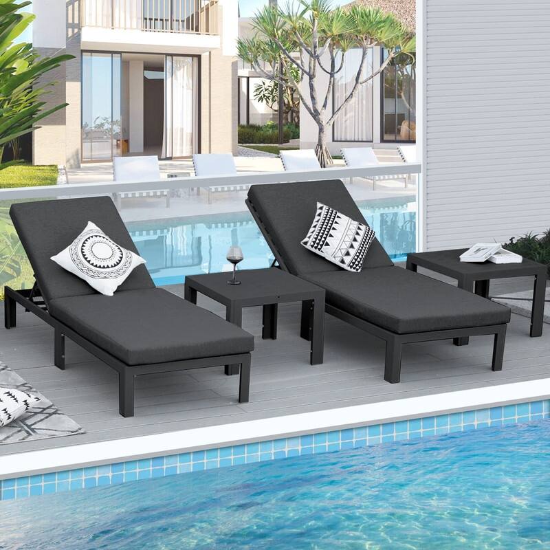 FINCATI Adjustable Patio Outdoor Chaise Aluminum Lounge Chair with Table Set of 2 - N/A - Dark Grey