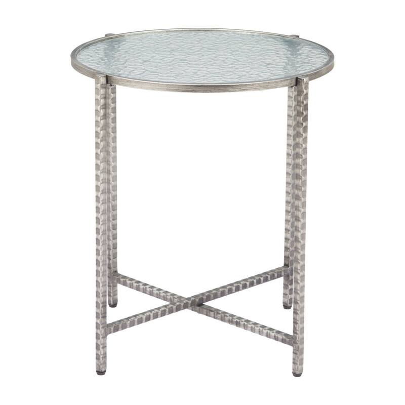 HomeRoots 22" Clear and Silver Glass and Distressed Steel Round End Table - 21.00 in. x 22.00 in. x 21.00 in.