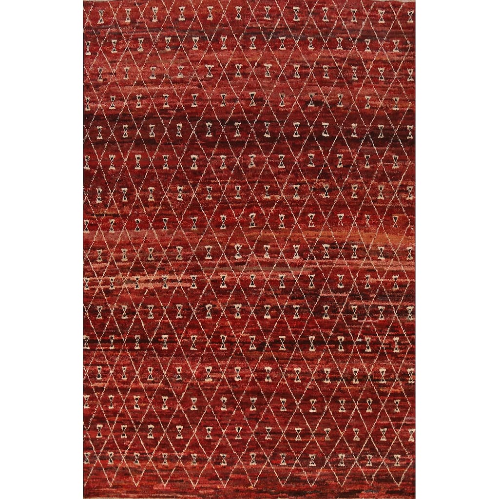 Trellis Moroccan Oriental Area Rug Hand-Knotted Red Wool Carpet - 6'10" x 9'6"