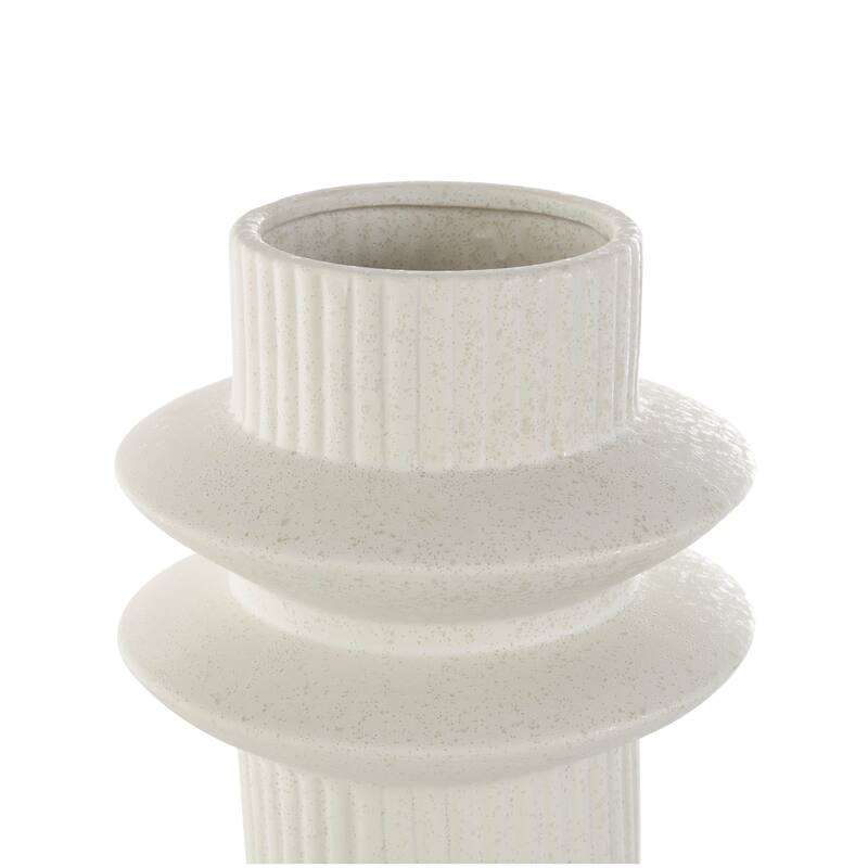 White Ceramic Ribbed Abstract Decorative Vase with Speckled Texturing (Set of 2)