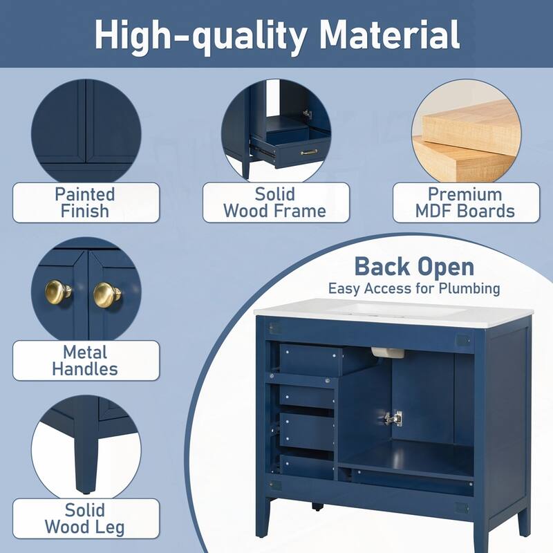 36-Inch Bathroom Vanity with Soft-Closing Drawers,Ceramic Sink,and Wood Frame
