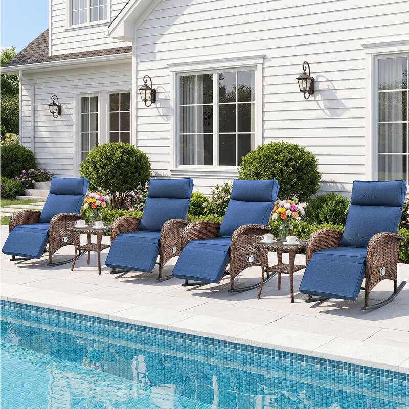 Pocassy Versatile Outdoor Recliner Rocker Chair with Side Table - Brown Wicker with Blue Cushion - 6-Piece Rocker Recliner Chair with Side Table