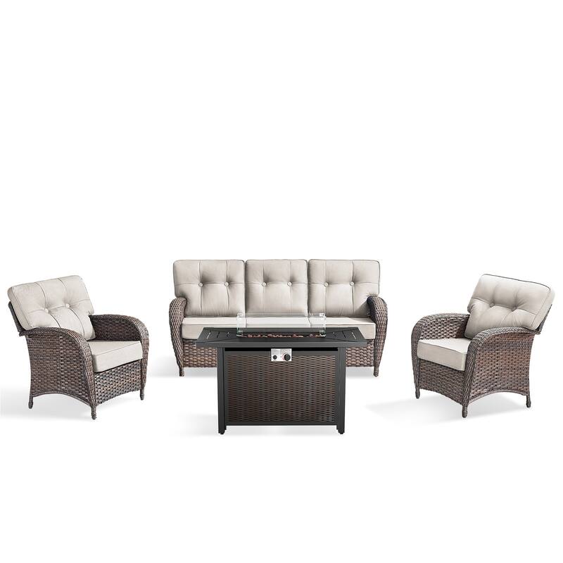 Pocassy Outdoor 43 In Fire Table with Sofa Patio Swivel Chair Set