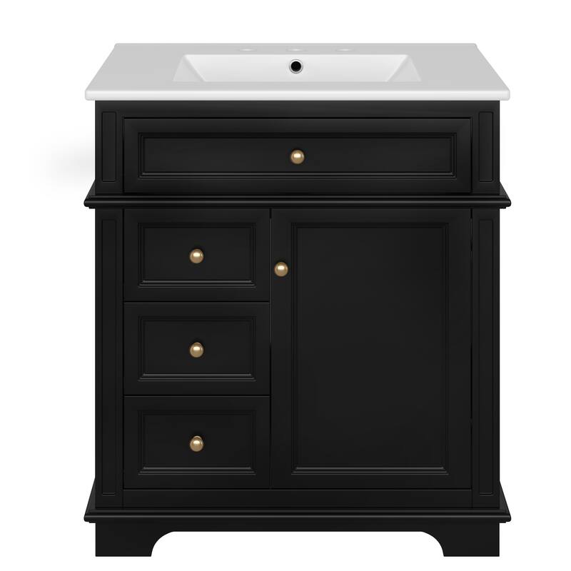 30" Bathroom Vanity with Sink, One Tip-out Drawer, Three Drawers, Door Shelf, Soft Closing Door, Black