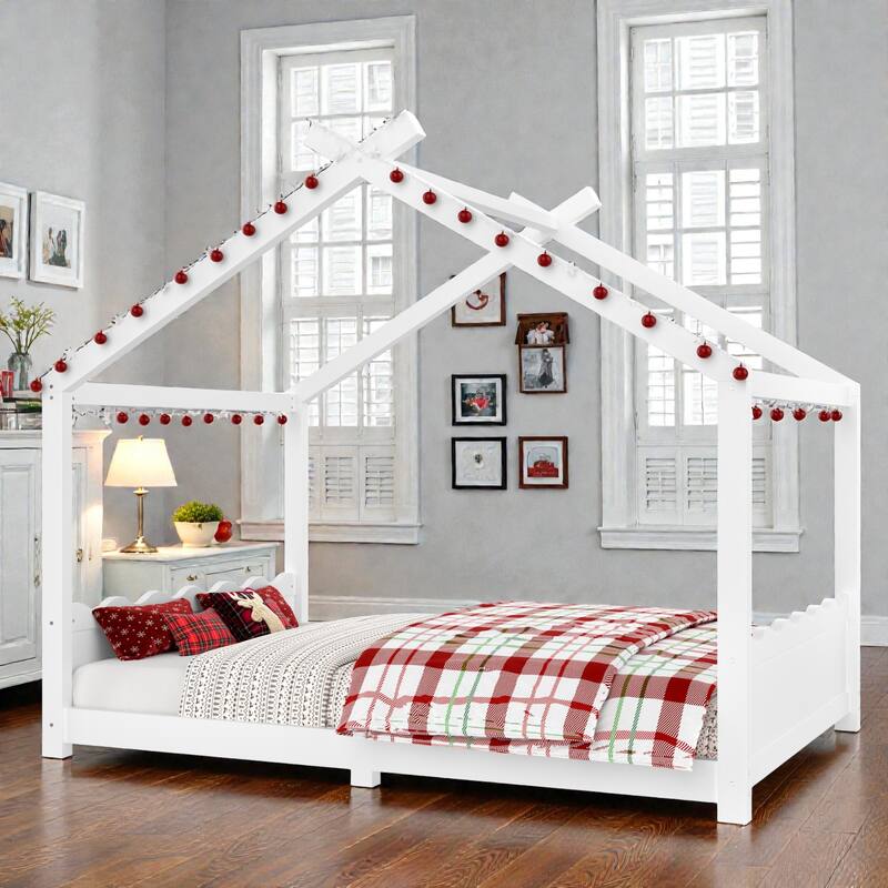 Kids Solid Wood House Floor Bed with Support Slats, Montessori Low Profile Bed, No Box Spring Needed