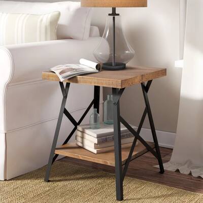 Industrial End Table with Solid Wood Top and Metal Base - Overstock ...