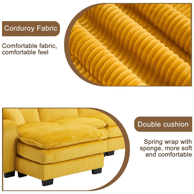 Modular Sectional Sofa for Living Room, U Shaped Sofa Couch with Ottoman and Three Toss Pillows, Corduroy Fabric Sofa Set