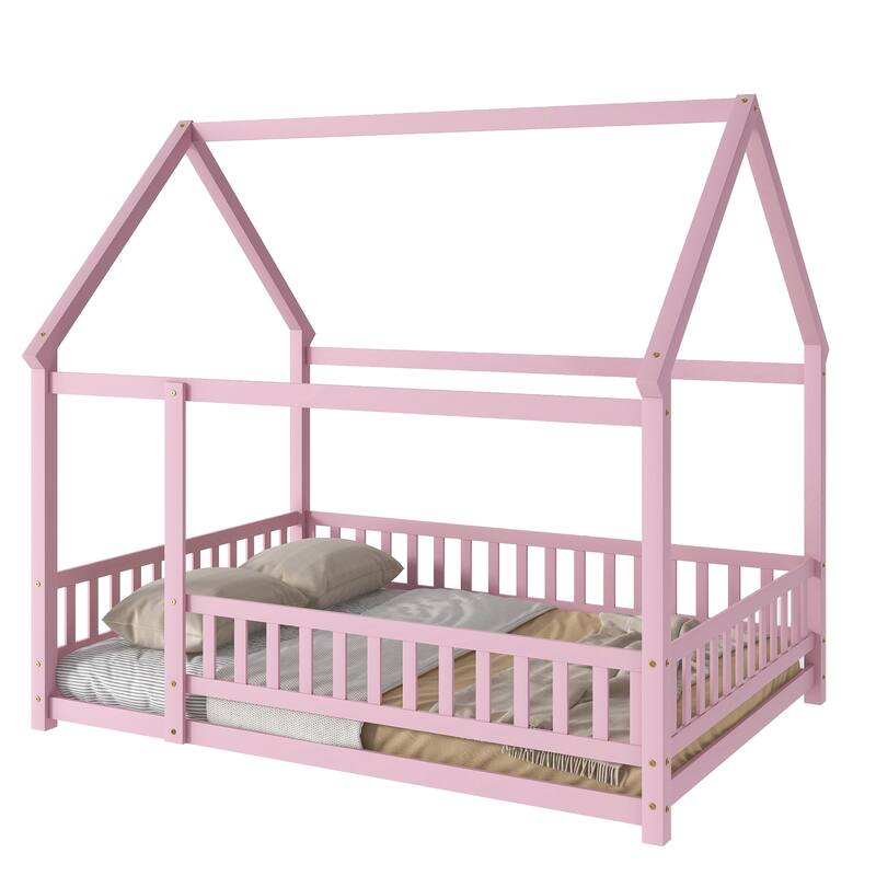 Full Size Wooden Floor Bed with House Roof Frame, Fence Guardrails for Kids, Bedroom
