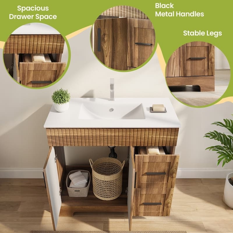 EROMMY Bathroom Vanity with Sink and Faucet, Freestanding Vanity Cabinet with Drawers & Doors, White Ceramic Top