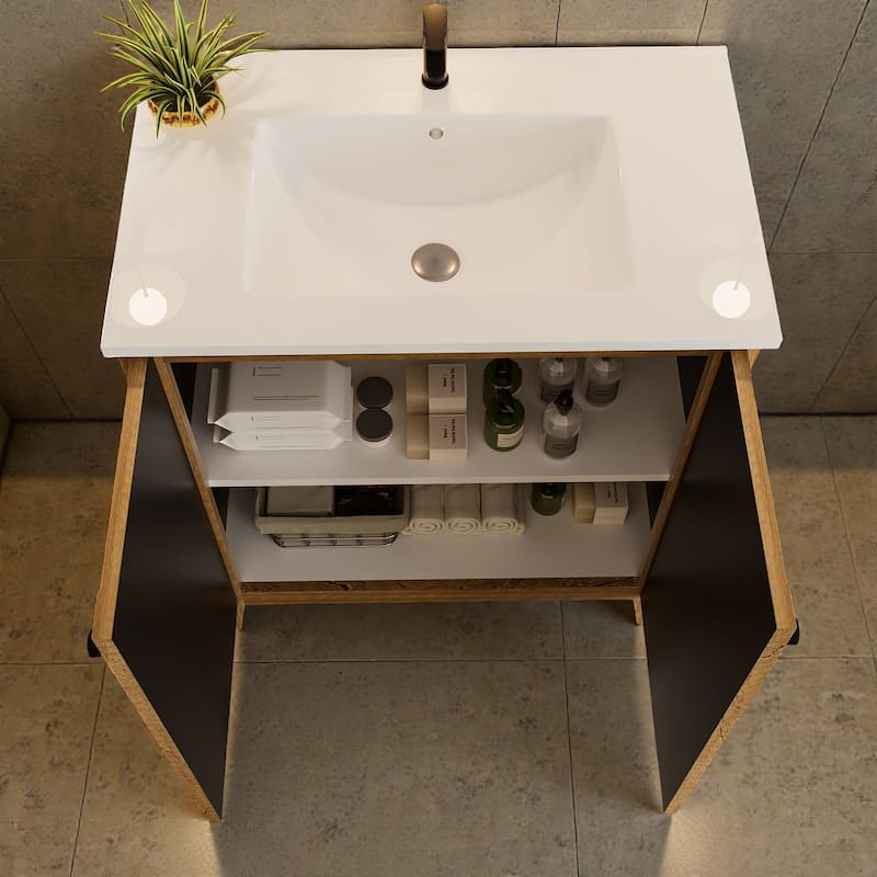 30 Inch Folding Bathroom Floor Cabinet with Ceramic Sink, 1-Minute Tool-Free Install, Space-Saving Freestanding Vanity