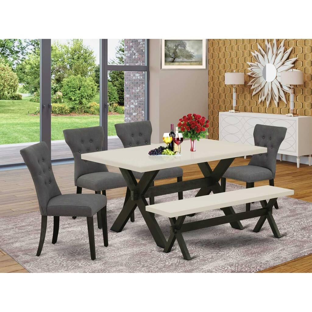 HomeStock 6-Pc Rectangle Natural Oak Finish Solid Wood Top Dining Table with 1-Bench, 4-Chairs