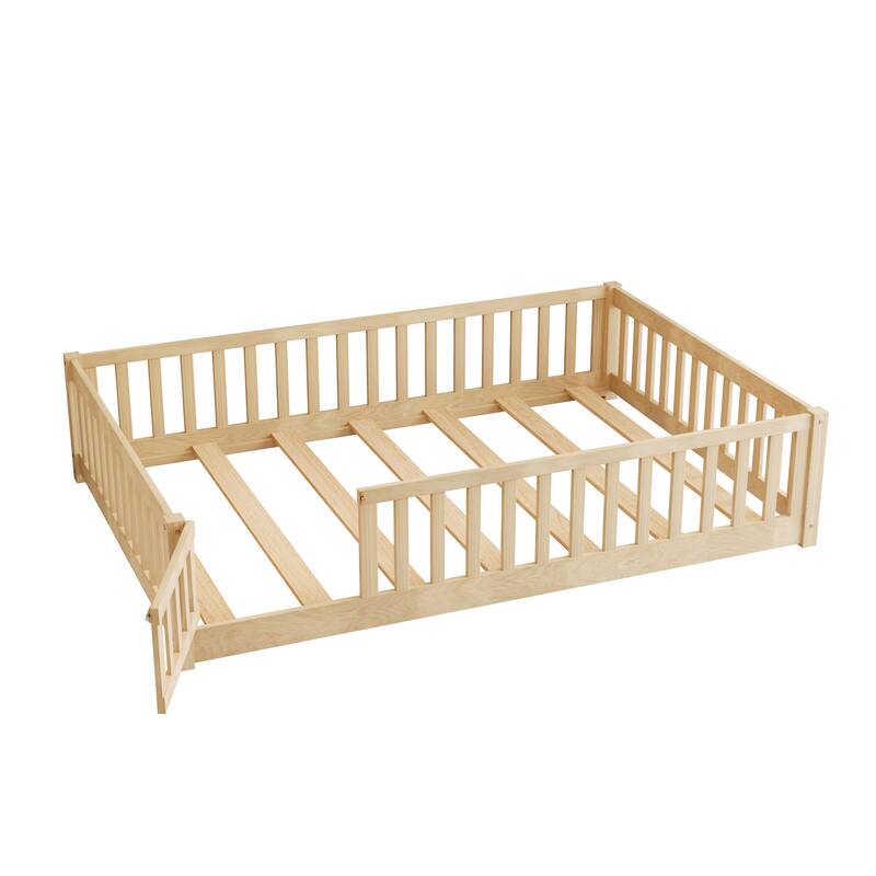Twin size Floor Platform Bed with Fence and Door for kids, toddlers