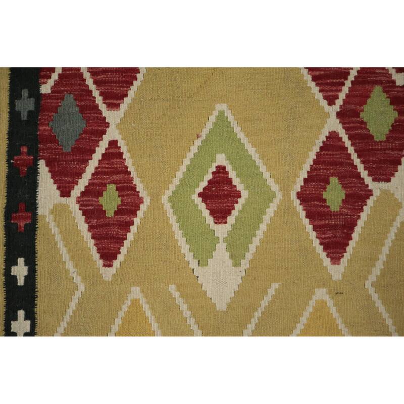 Hand Woven Oriental 100% Wool Carpet Southwestern Modern Yellow & Gold Kilim Runner Rug - 9' 10'' X 3' 0''