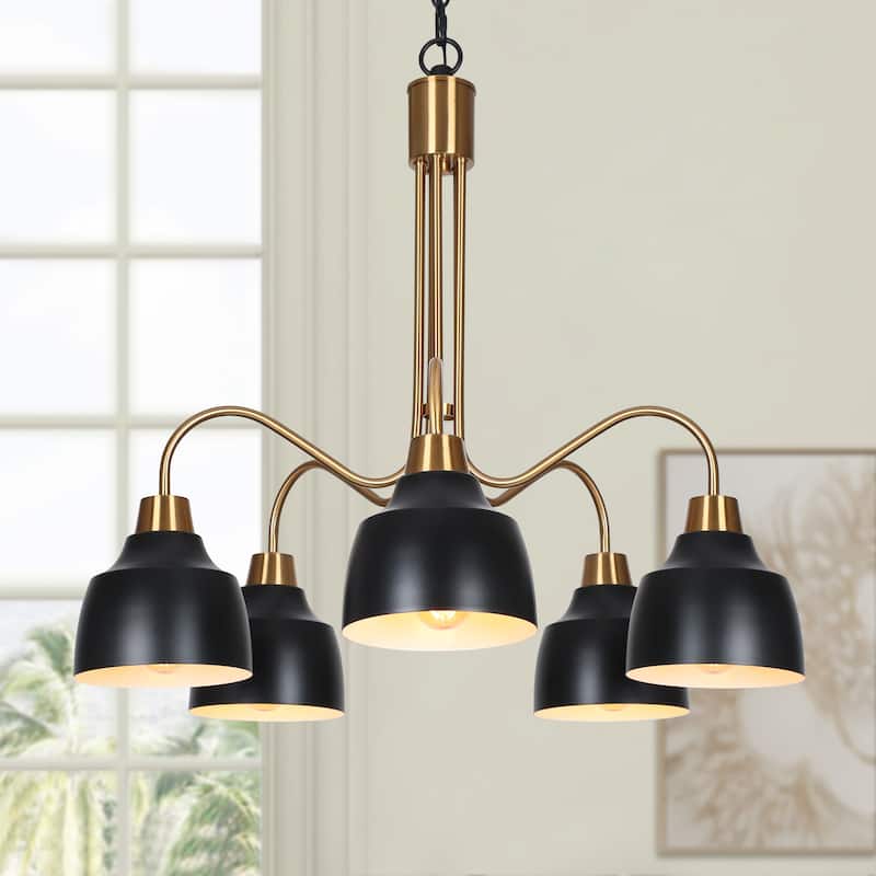 Mid-century Modern 5-Light Wheel Chandelier Black Gold Pendant for Dining Room Bedroom - Dia. 25.2" x H 22.4"
